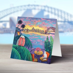 Kartki z życzeniami z okazji świąt w Sydney, 14 x 14 cm, przedstawiające obraz „Soulful evening in Sydney” autorstwa Iriny Redine