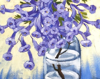 Jacaranda original one of a kind painting by Irina Redine, purple flowers framed and ready to hang handmade wall art