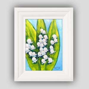 Lily of the valley framed small original painting by Irina Redine, framed and ready to hang wall art, one of a kind gift for her