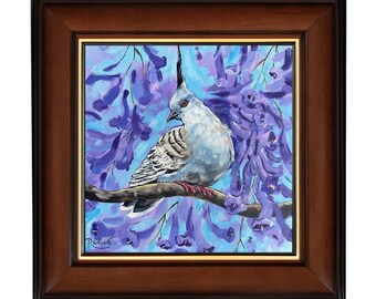 Crested Pigeon in Jacaranda: Original Painting by Irina Redine, Australian Bird Framed Art