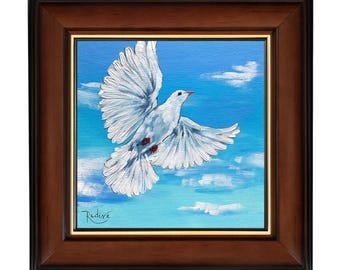 白い鳩の油彩画　油絵　動物画　インテリア　絵画 幸運を運ぶ＊白い鳩の絵「オリーブの話」 アンティークな額に