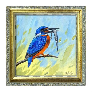 Azure Kingfisher: original painting by Irina Redine, Australian bird framed one of a kind artwork