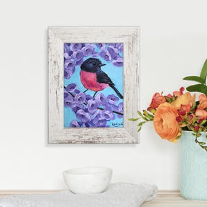 Pink Robin and Jacaranda tree original one of a kind painting by Irina Redine, bird and purple flowers framed and ready to hang wall art