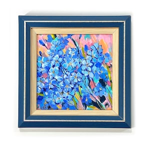 Forget-me-nots one of a king framed petite painting by Irina Redine, blue forget-me-not flowers tiny artwork, unique gift for her