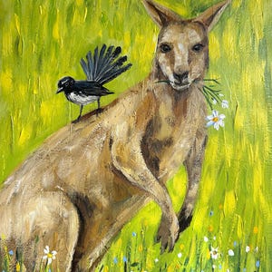 Kangaroo and Willie Wagtail – original painting by Irina Redine, Australian animals one of a kind wall art, gift idea