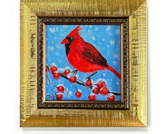 Red Cardinal bird one of a king framed tiny painting by Irina Redine, the northern cardinal red bird petite artwork, unique gift