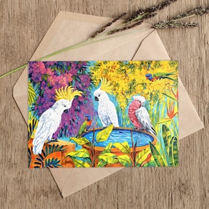 Postales de aves y plantas australianas, tamaño A6, con la pintura "Paraíso encontrado" de Irina Redine.