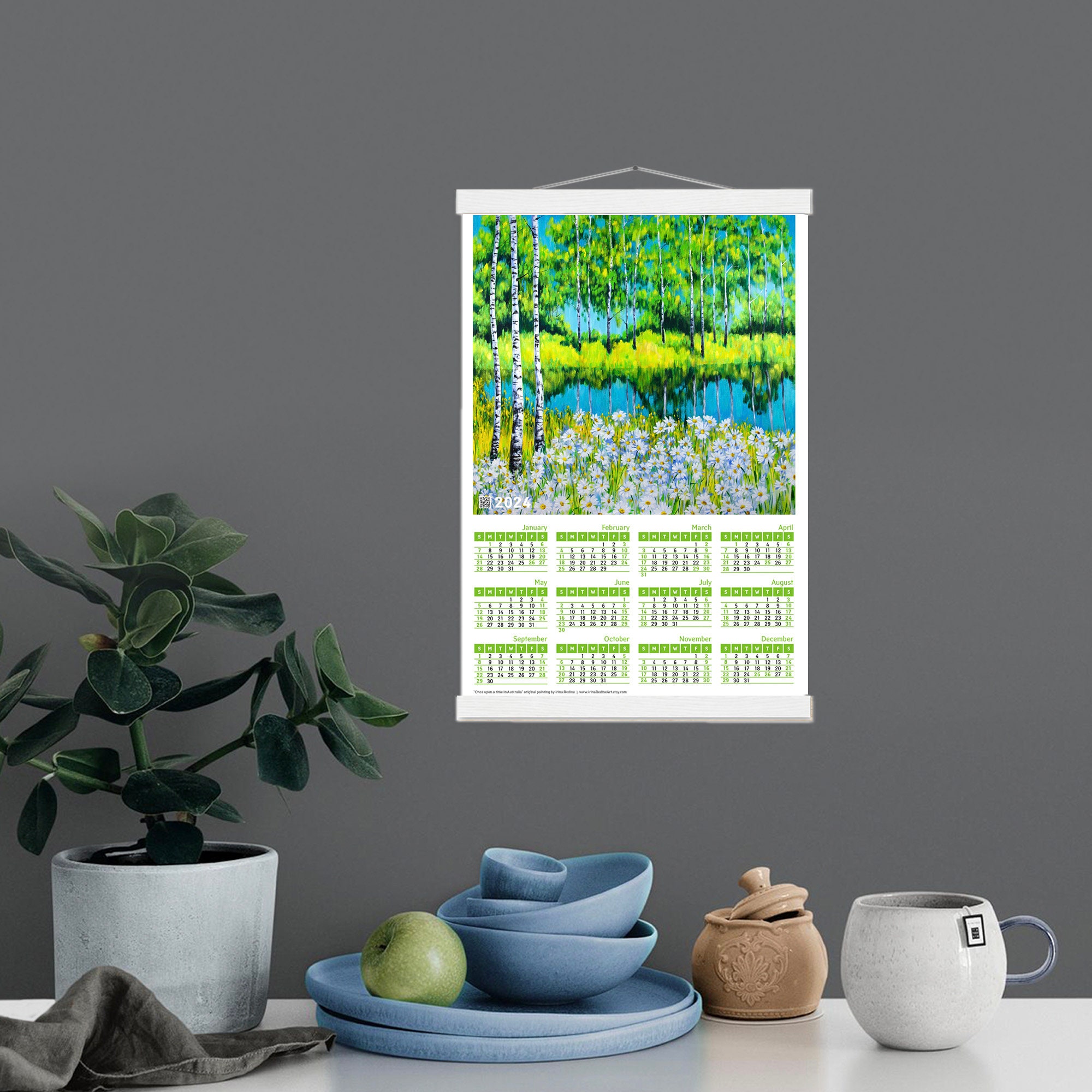 2024 Calendar Wall Hanging Monday or Sunday Week Start Yearly Calendar
