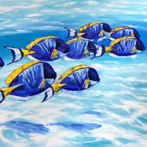Blue Tang Fish School: origineel schilderij van Irina Redine, unieke Dory-muurkunst