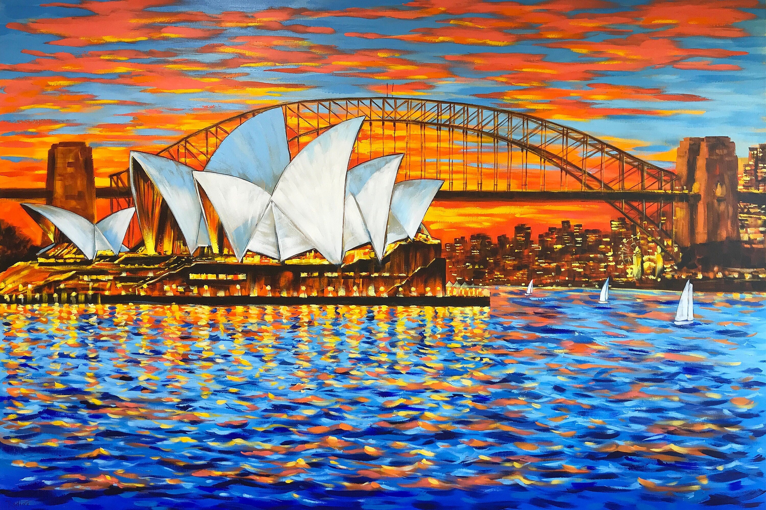 本物　油絵　オーストラリア人画家　ダイアナレイン Sydney Opera House at Night Original Painting by Irina Redine
