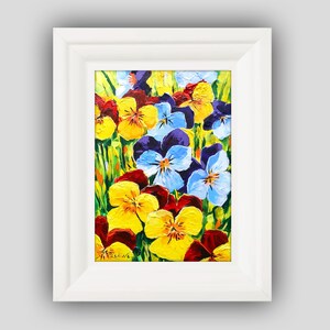 Cheerful pansies original one of a kind painting by Irina Redine, colorful pansy flowers framed and ready to hang wall art, gift idea
