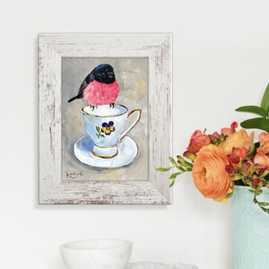 Pink Robin bird and tea cup framed small original painting by Irina Redine, framed and ready to hang one of a kind wall art