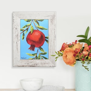 Framed Pomegranate Painting: Small Original Acrylic Still Life, Ready to Hang