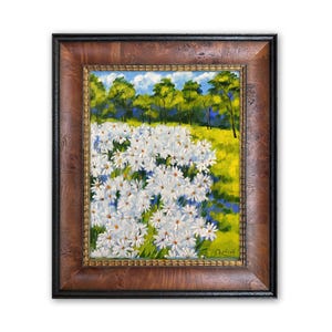Daisy meadow small original one of a kind painting by Irina Redine, white daisies handmade framed and ready to hang wall art, gift idea