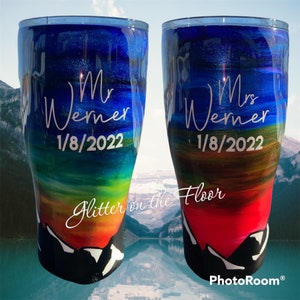 Unique SET of sunset mountain or tree line bridal tumbler set