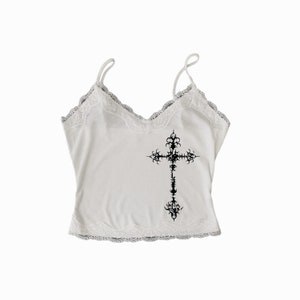 Cyber Goth Religious Cross Lace Trim Cami-Streetwear cyber sigilism