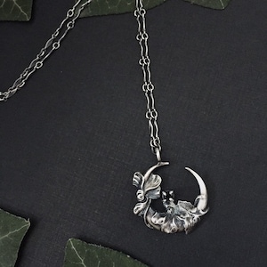 Moon Garden | Art Nouveau, Crescent Moon Necklace, Antique Reproduction, Sterling Silver, Spinel, Oxidized, Witchy