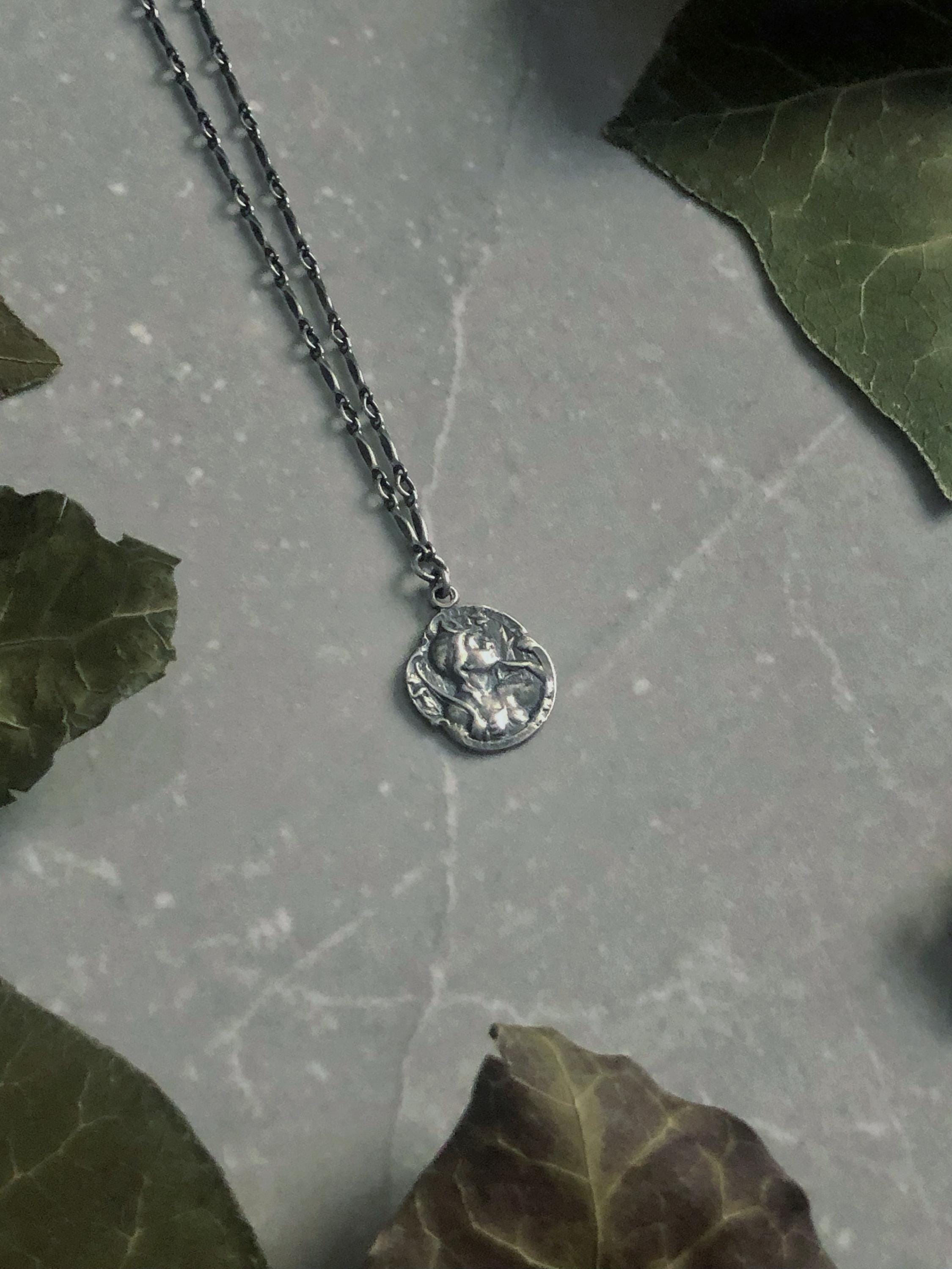 Diana Medallion | Art Nouveau, Goddess, Antique Reproduction, Sterling Silver, Oxidized, Charm Necklace, Fancy Chain, Deity, Artemis