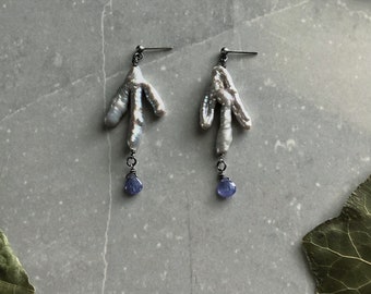 Baroque Earring III | Winter Collection | Witchy Jewelry, Sterling Silver, Baroque Pearl, Tanzanite, Chicken Foot Pearl, Statement Earrings