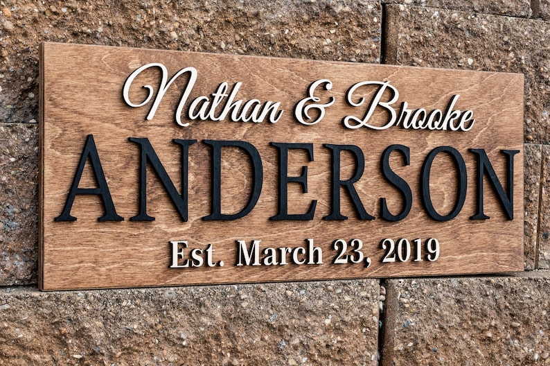 Personalized Wedding Gift Last Name Established Sign Family Name Sign 3D Wooden Sign Custom Wood Sign Anniversary Rustic Home Decor Wall Art Medium Brown
