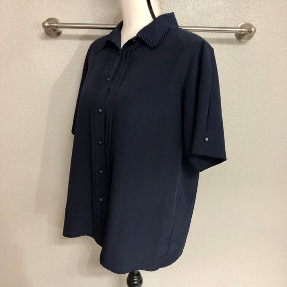 Sweet Silky 80s Navy Blue Button Down Blouse with… - image 6