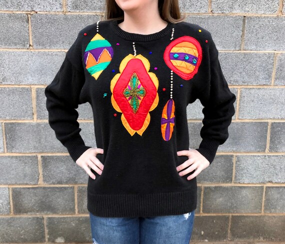 TheGreatAdvintage Bright Ornament Themed Beaded Christmas Sweater - Black Ugly Christmas Sweater - Santoria Cotton Blend 90s Vintage Size Medium