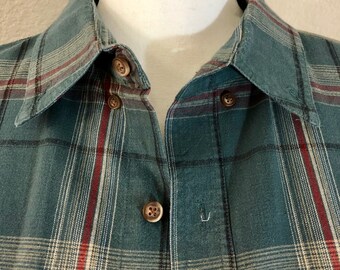 90s Blue and Red Plaid Long Sleeve Casual Button Down Shirt - Bit & Bridle - 100% Cotton - Size Men's L (Large)