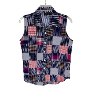 Blusa de algodón sin mangas con estampado de estrellas y cuadros estilo americana, con patchwork, talla mediana M