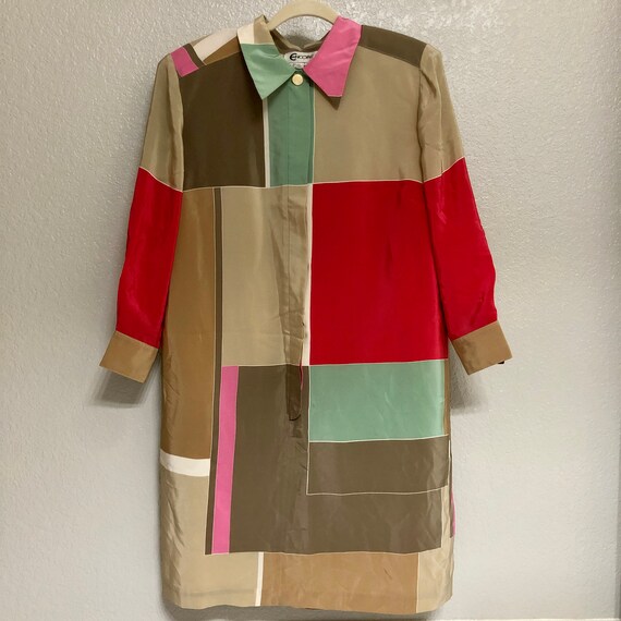 Vintage 1990s Minimalist Color Block Silk Shirtdr… - image 2