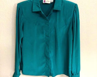 80s Teal Button Down Blouse: Vintage Office Top - Women's Small