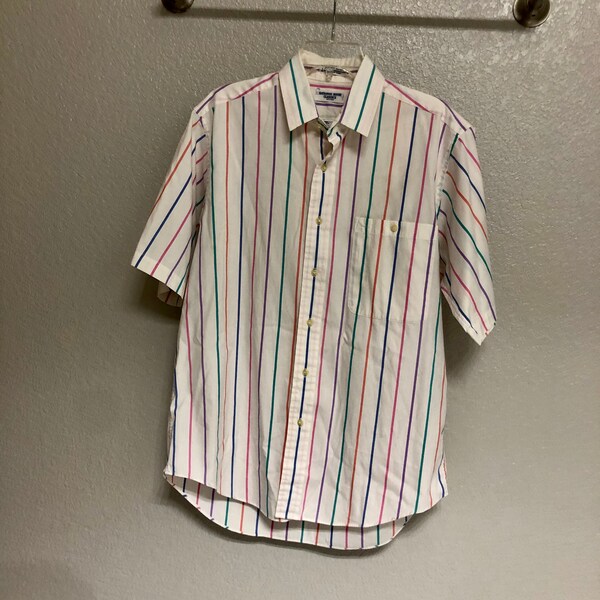 Cute Vintage 1990s (90s) White Short Sleeve Button Down Shirt with Thin Colorful Stripes - Size Men's Medium (M) - Hathaway House Classics