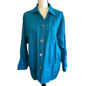 What's Up Tunic Womens Medium Teal Linen Blouse Loose Long Sleeve Vintage 80s