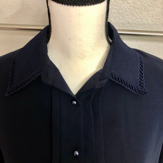 Sweet Silky 80s Navy Blue Button Down Blouse with… - image 5