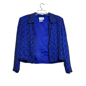 y2k Blue Evening Dinner Jacket Women Large Silk Beaded Vintage Glam Beaded Chic