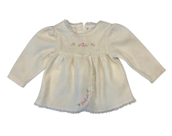 Baby Girl Top Embroidered Floral Lace Trim Long Sleeve Fleece Shirt 12M VNTG 90s