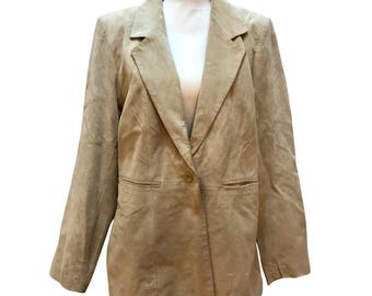 Denim & Co Suede Leather Blazer Womens Large Tan Lined Jacket Neutral Cowboy 90s