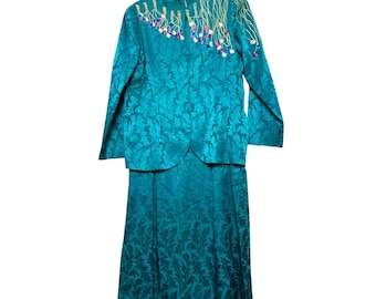 Vintage Skirt Set Womens 14 Teal Silk Damask Beaded Luxury Coquette Maxmimalist