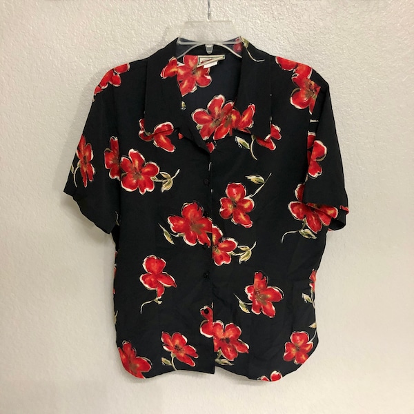 Black 80s Hawaiian Shirt with Red Flowers Floral Pattern Short Sleeve Button Down - Pine Cove - Rayon Fun Summer Vacation Blouse