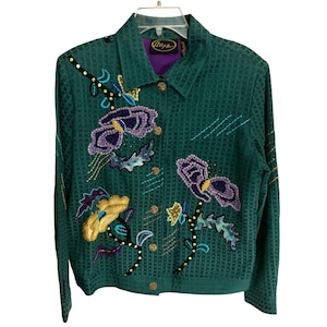 Alex Kim Jacket Womens Medium Bold Dark Teal Green Purple Floral Vintage 90s