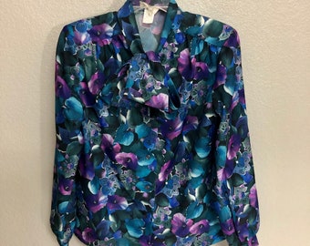 Very 80s Silky Long Sleeve Button Down Blouse with Neck Bow - Jewel Tone Business Casual Hibiscus Floral Pattern - Size Women's 8 (M)