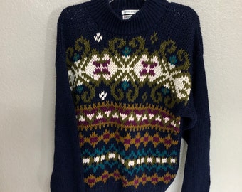 Pull bleu marine vintage des années 80 en tricot à la main avec un motif alpin à losanges rétro amusant - taille femme grand (L) - groseilles
