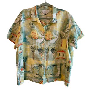 Leinenmischung Hawaiian Kurzarm Button Up Bluse Damen XL Ananas Hängematten