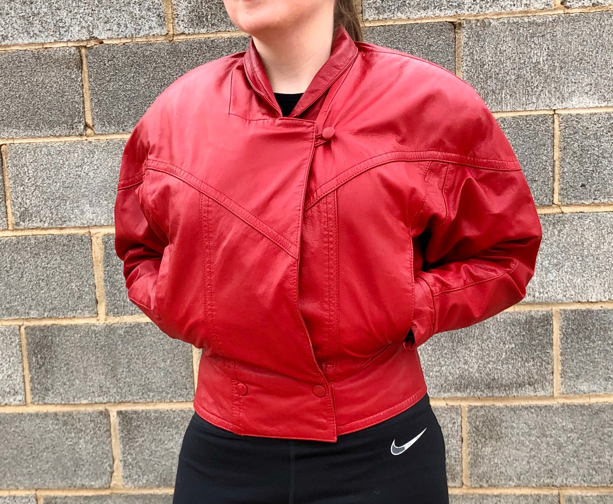 80s USA knit × leather dolman haori JKT Vintage 80s True Red Leather Dolman Biker Jacket - Pelle Cuir