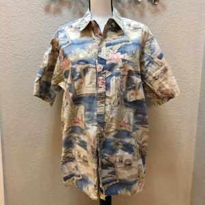 Muted Cool Hawaiian Shirt with Surfing Imagery and Scenes - Size Men&#39;s Large - Made in Hawaii (Made in USA) - Malihini Hawaii - 100% Cotton