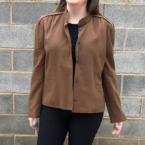 Chic Classic Brown 100% Pure Wool Jacket - Minimalist Monotone Easy Fashion - Size Women's 14 - Schrader Sports - Made in USA