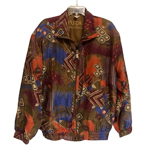 Fall Colored Oversized 80s 100% Silk Windbreaker Jacket Fuda Size Women's XL