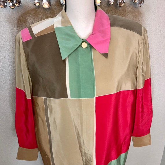 Vintage 1990s Minimalist Color Block Silk Shirtdr… - image 1