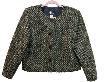 First Option Dark Academia Classic Tweed Jacket Blazer Chevron Green Large PL