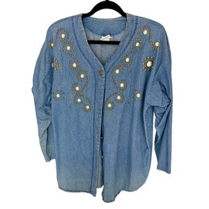 Sassy 80s Denim Blouse Vintage w/ Brass and Faux Pearl Details Modern Big XL
