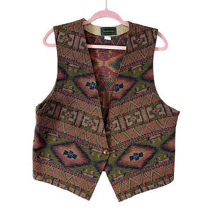 Willowbend Southwestern Tapestry Vest Aztec Print Button Front USA Made Large L